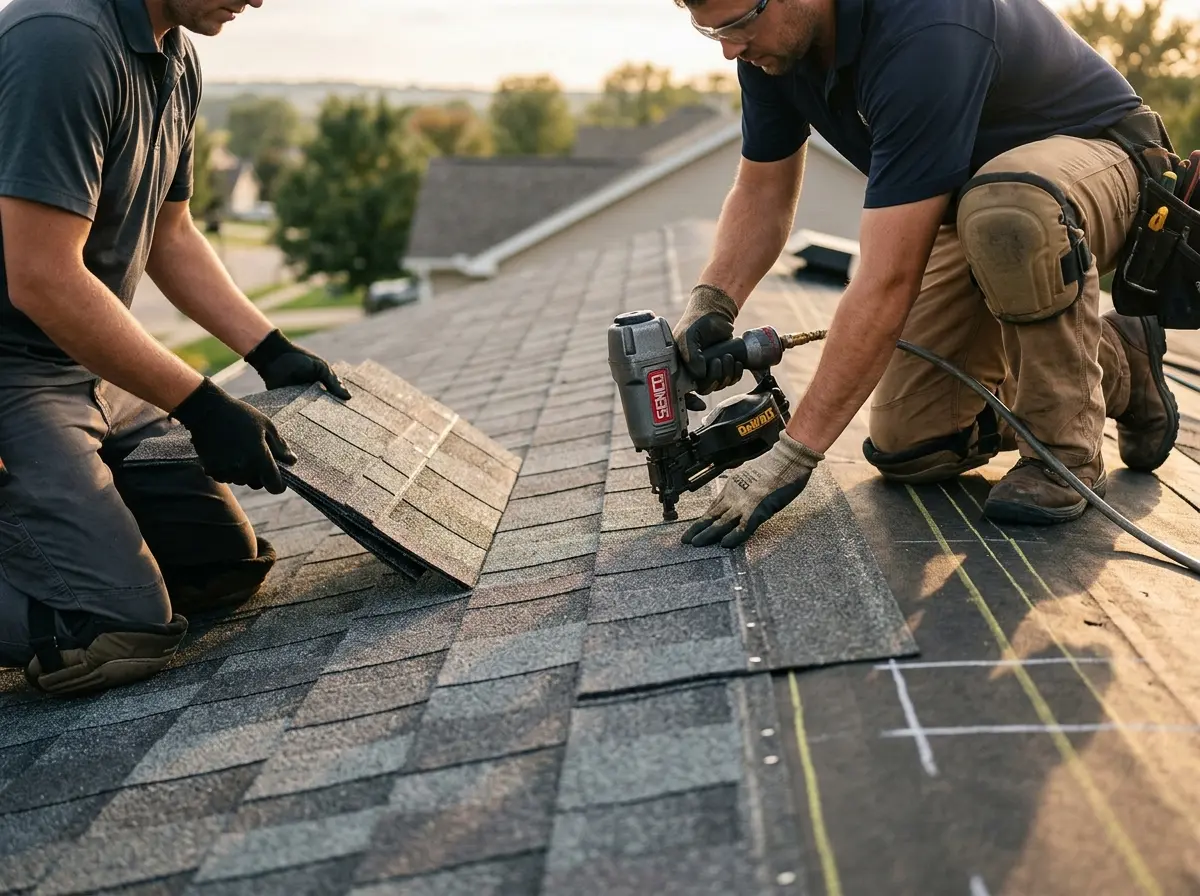 Professional roofer working on a residential roof in Blythe